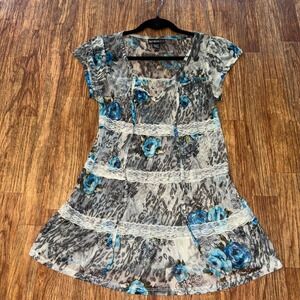 Self Esteem Y2K Sheer Floral Lace Babydoll Tunic Top Blue Gray Medium Fairycore